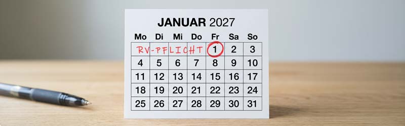 Kalenderblatt Januar 2027 mit rot markiertem Stichtag der Rentenversicherungspflicht für Selbstständige